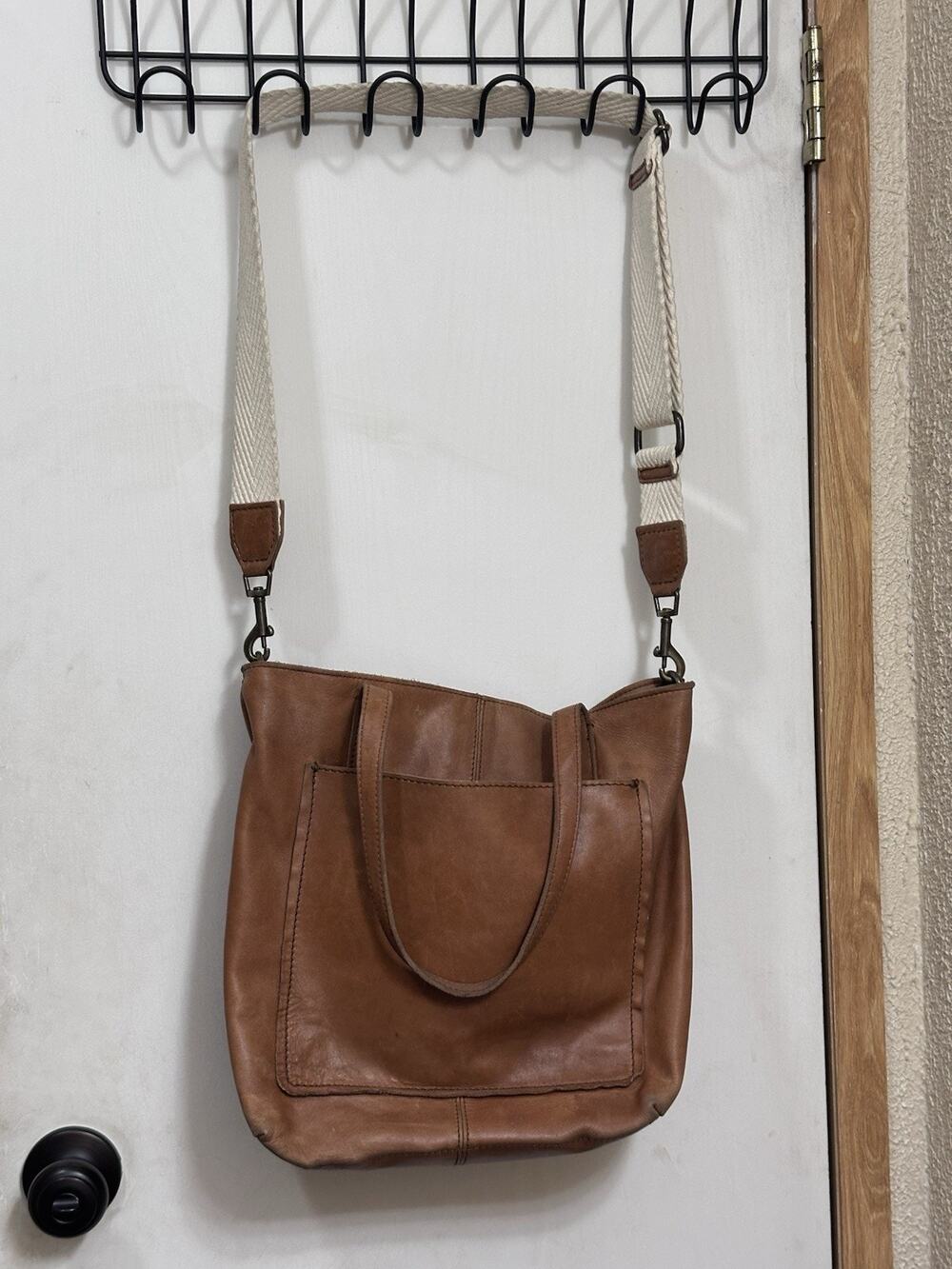 Noonday Collection Leather Easy Tote Handbag Purse Brown Cream Woven Strap Boho